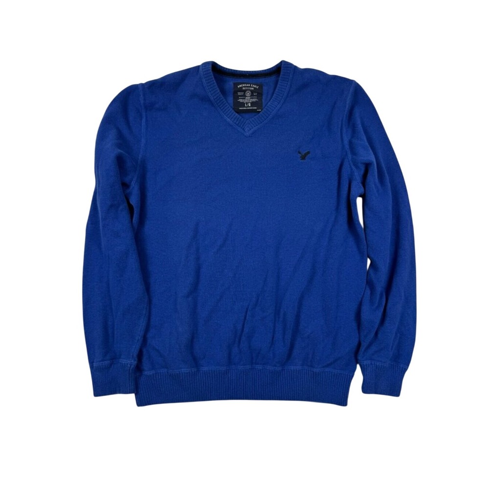 American Eagle V Neck Sweater Mens Large Blue Cotton Pullover Classic